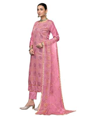 Women's pink embroidered roman cotton silk dress material 2