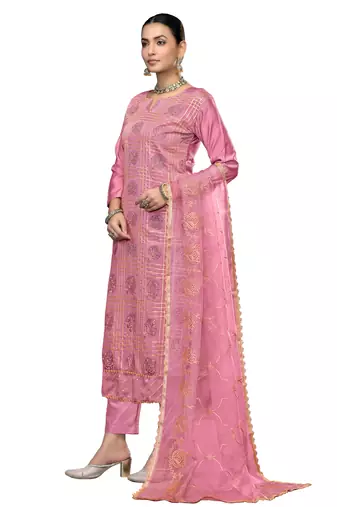 Women's pink embroidered roman cotton silk dress material