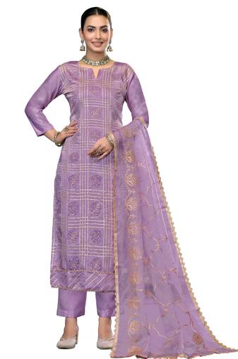Women's purple unstitched embroidered roman cotton silk dress material 