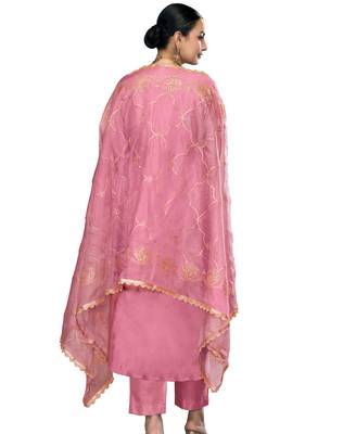 Women's pink embroidered roman cotton silk dress material 3