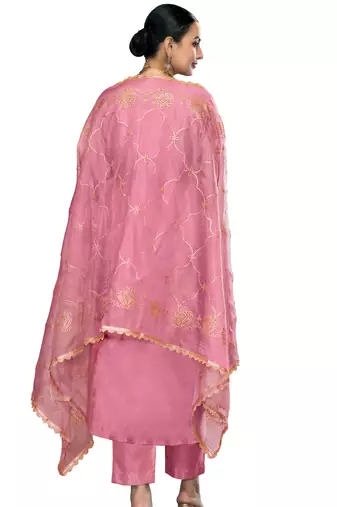 Women's pink embroidered roman cotton silk dress material