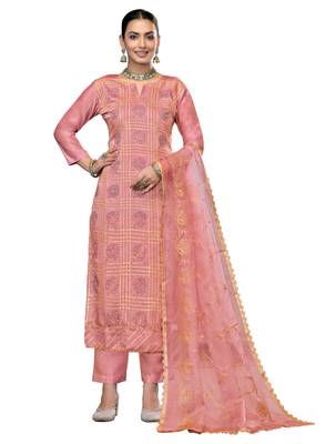 Women's peach embroidered roman cotton silk dress material 1