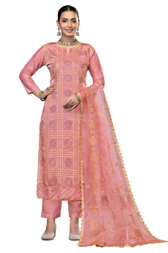 Women's peach unstitched embroidered roman cotton silk dress material 