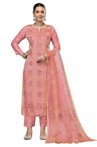 Women's peach unstitched embroidered roman cotton silk dress material 