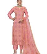 Women's peach embroidered roman cotton silk dress material