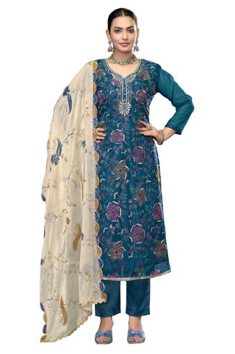 Women's blue unstitched embroidered viscose organza dress material 