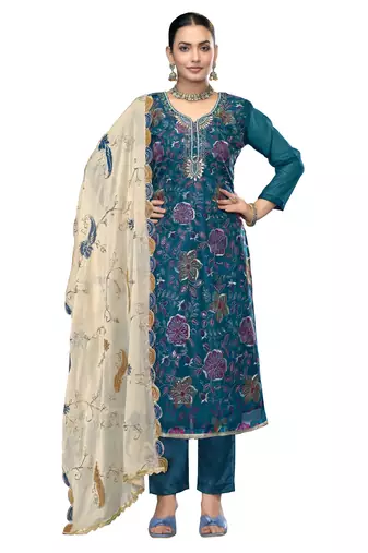 Women's blue unstitched embroidered viscose organza dress material 