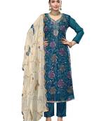 Women's blue embroidered viscose organza dress material