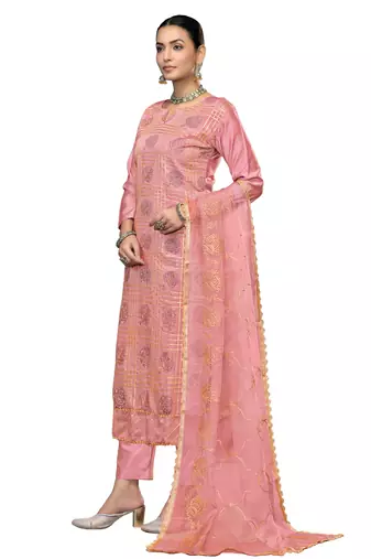 Women's peach embroidered roman cotton silk dress material