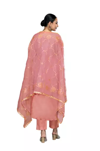 Women's peach embroidered roman cotton silk dress material