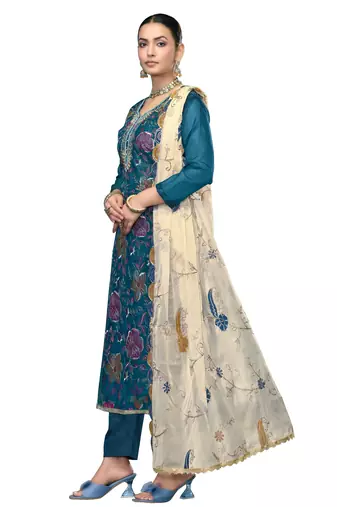 Women's blue embroidered viscose organza dress material