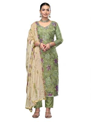 Women's light green embroidered viscose organza dress material 1