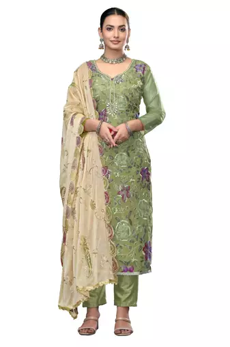 Women's light green unstitched embroidered viscose organza dress material 
