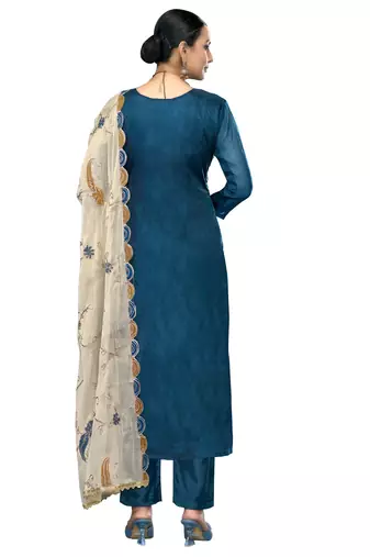 Women's blue embroidered viscose organza dress material
