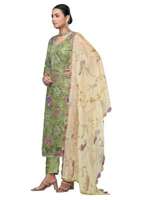 Women's light green embroidered viscose organza dress material 2