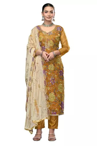 Women's mustered unstitched embroidered viscose organza dress material 