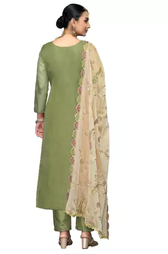 Women's light green embroidered viscose organza dress material