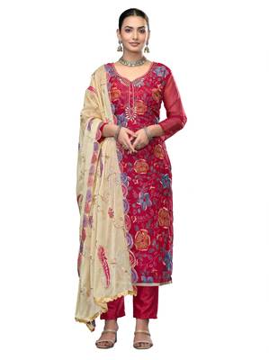 Women's pink embroidered viscose organza dress material 1