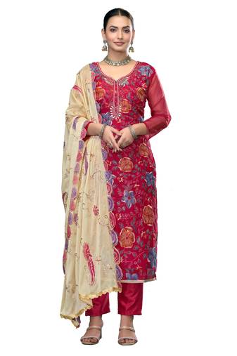 Women's pink unstitched embroidered viscose organza dress material 