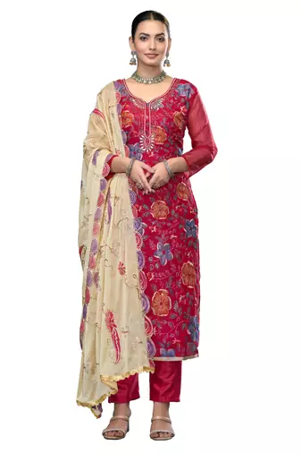 Women's pink unstitched embroidered viscose organza dress material 