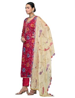 Women's pink embroidered viscose organza dress material 2