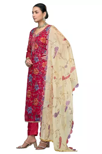 Women's pink embroidered viscose organza dress material