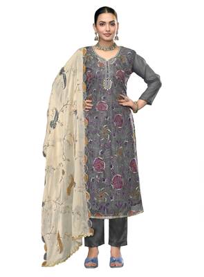 Women's grey embroidered viscose organza dress material 1