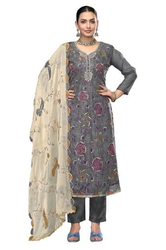 Women's grey unstitched embroidered viscose organza dress material 