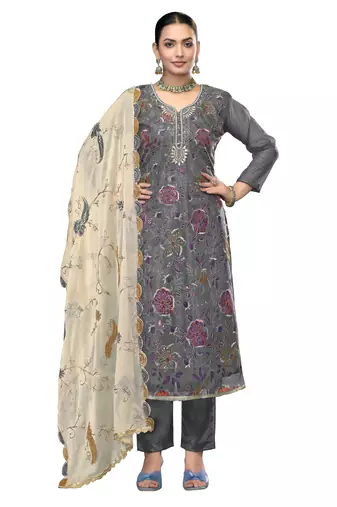 Women's grey unstitched embroidered viscose organza dress material 