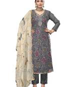 Women's grey unstitched embroidered viscose organza dress material