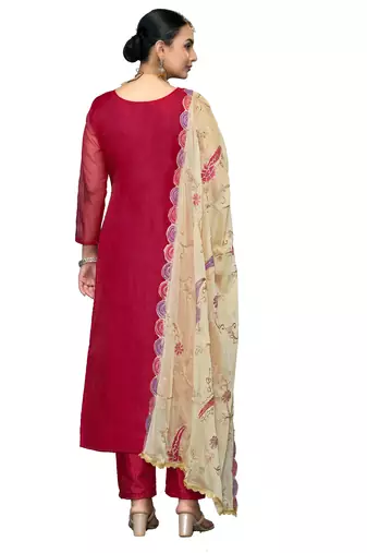 Women's pink embroidered viscose organza dress material