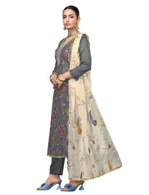 Women's grey embroidered viscose organza dress material 2