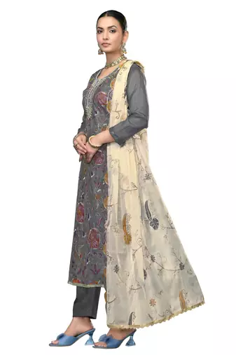 Women's grey embroidered viscose organza dress material