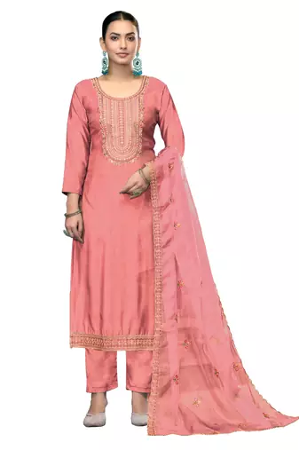 Women's peach unstitched embroidered roman cotton silk dress material 