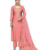 Women's peach unstitched embroidered roman cotton silk dress material