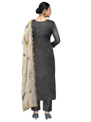 Women's grey embroidered viscose organza dress material 3