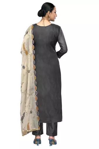 Women's grey embroidered viscose organza dress material