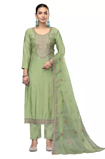 Women's light green unstitched embroidered roman cotton silk dress material 