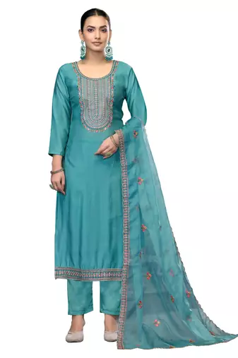 Women's sky blue unstitched embroidered roman cotton silk dress material 