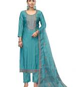 Women's sky blue embroidered roman cotton silk dress material