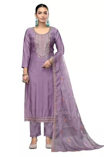 Women's purple unstitched embroidered roman cotton silk dress material 