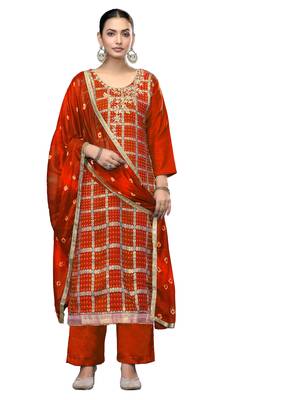 Women's orange printed banarasi cotton silk dress material 1