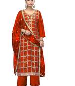 Women's orange printed banarasi cotton silk dress material