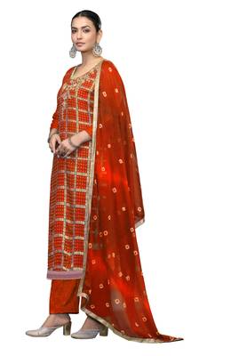 Women's orange printed banarasi cotton silk dress material 2