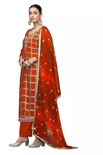 Women's orange printed banarasi cotton silk dress material