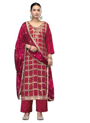 Women's pink printed banarasi cotton silk dress material 1