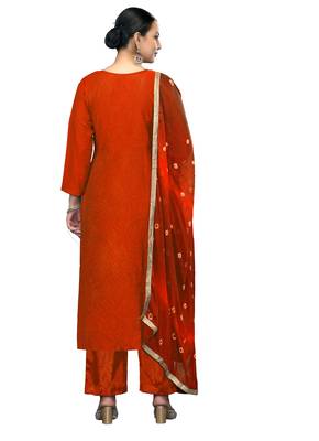 Women's orange printed banarasi cotton silk dress material 3