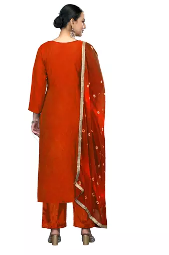 Women's orange printed banarasi cotton silk dress material