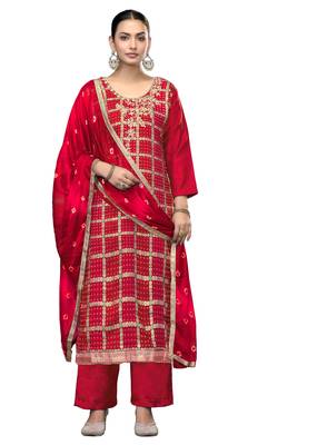 Women's red printed banarasi cotton silk dress material 1