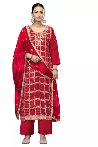 Women's red unstitched printed banarasi cotton silk dress material 
